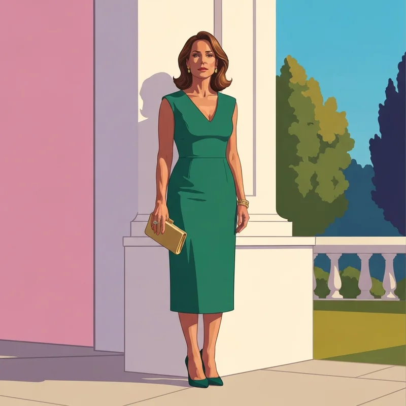 A woman wearing a perfectly fitted emerald green wedding guest dress petite at a formal outdoor event.