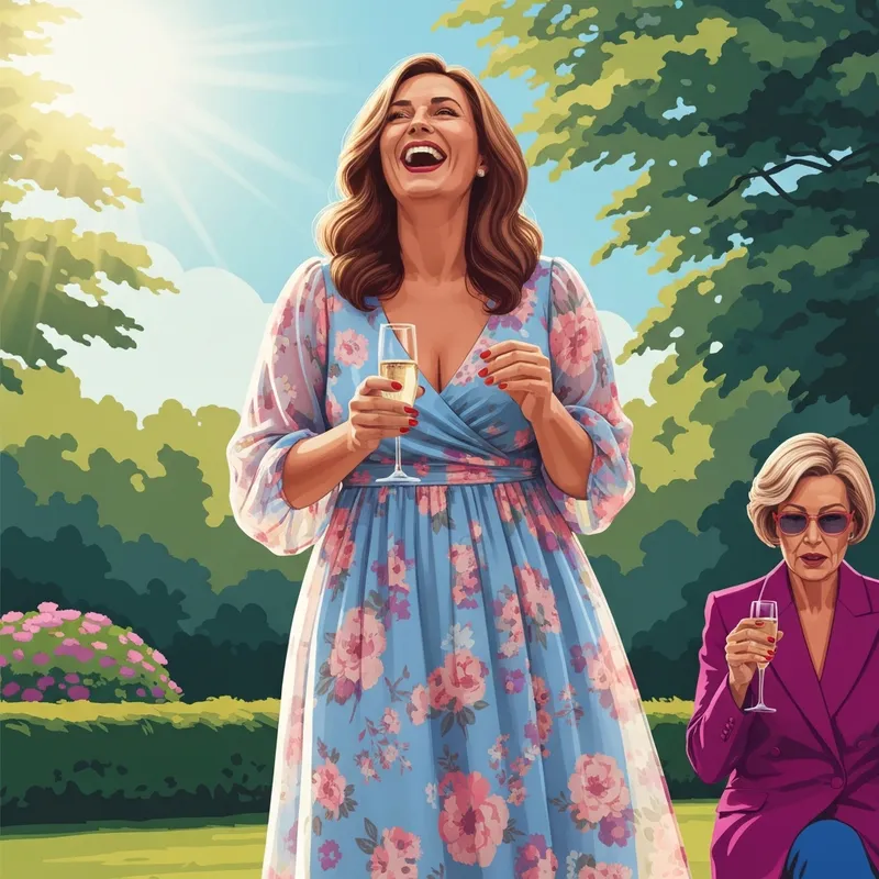 A woman wearing a stunning plus size summer wedding guest dress at an outdoor garden party.