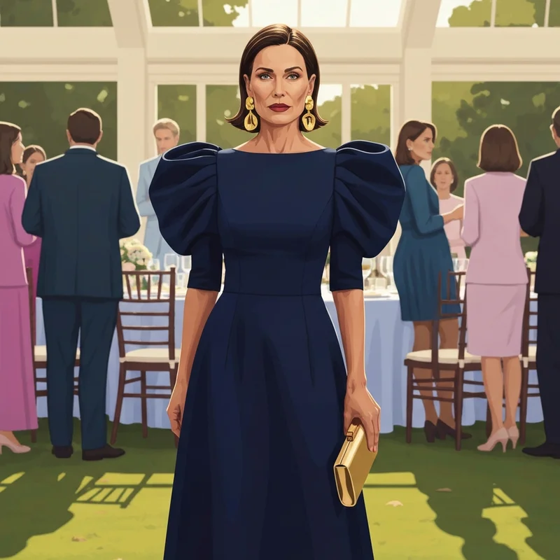 A woman styling a chic navy wedding guest dress with gold accessories at an outdoor reception.