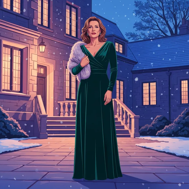 A woman wearing a stunning emerald green velvet black tie wedding guest dress winter standing in the snow.