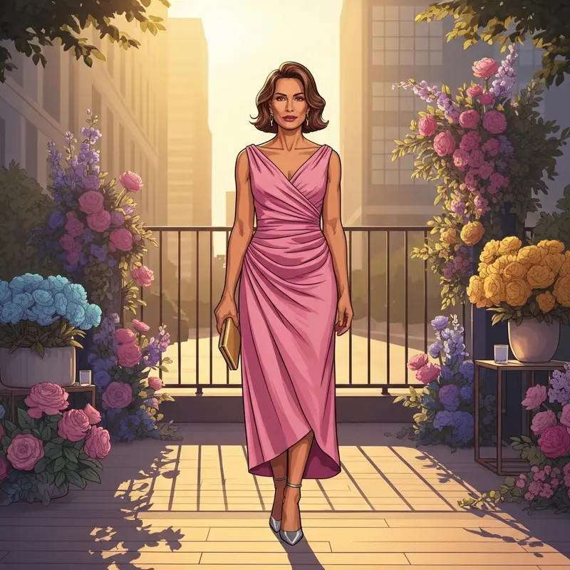 A woman wearing an elegant pink wedding guest dress in a garden setting during golden hour.