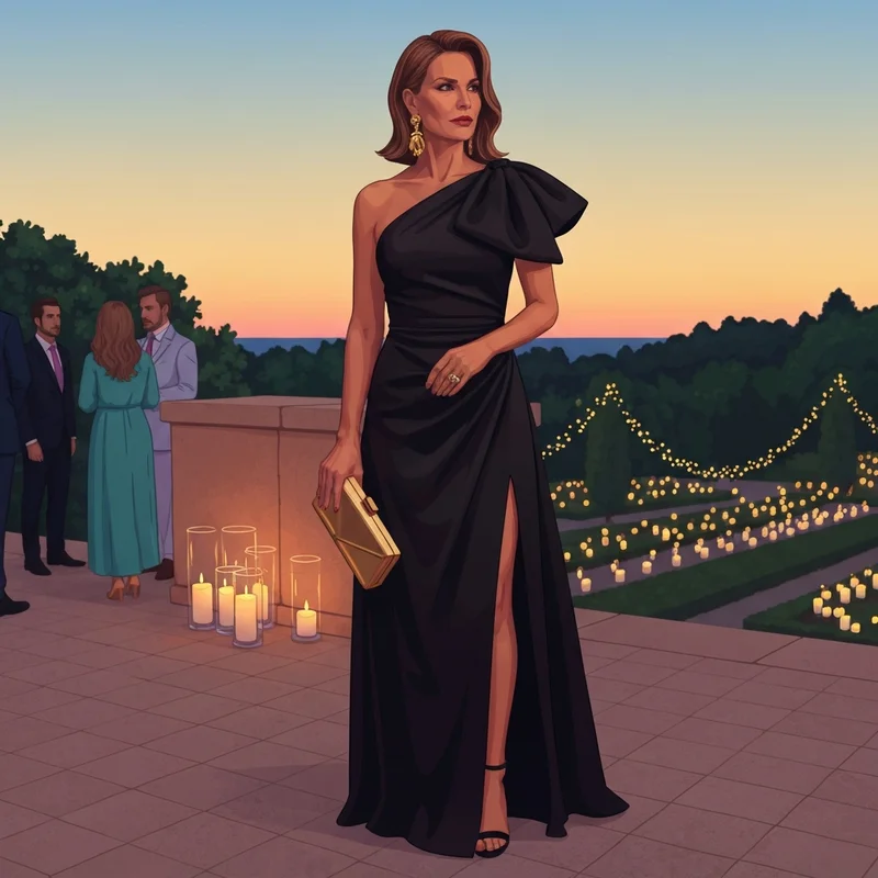 A woman wearing a stunning black maxi dress for wedding guest perfection at a sunset reception.