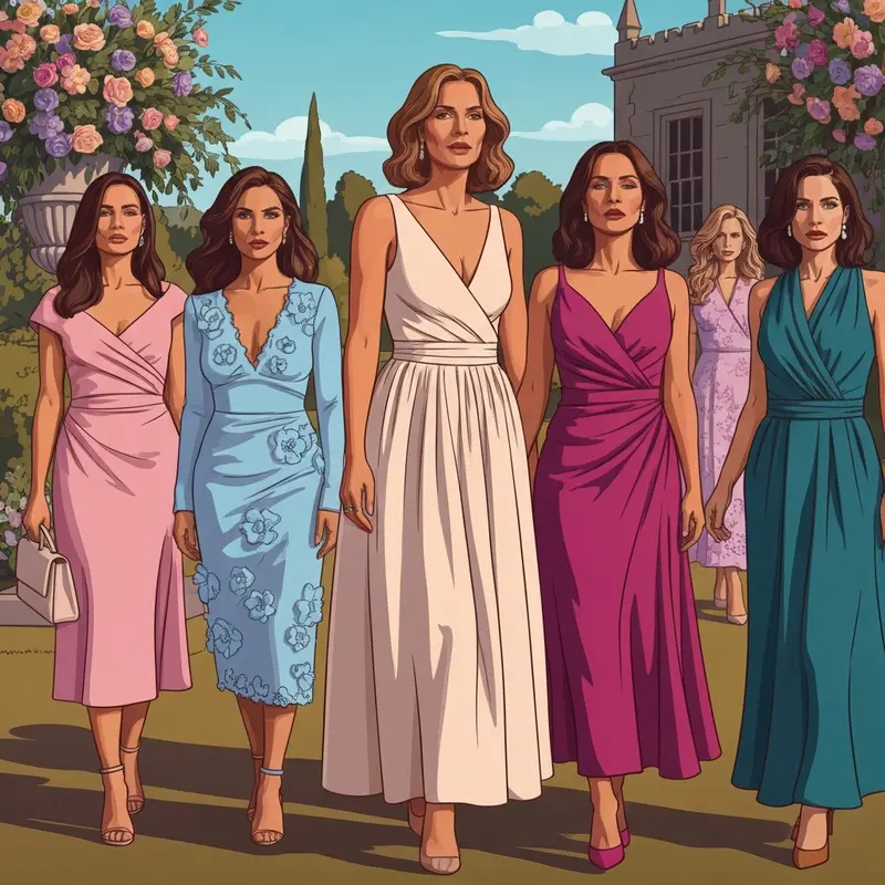 A group of stylish women wearing elegant midi wedding guest dresses at a sun-drenched outdoor celebration.