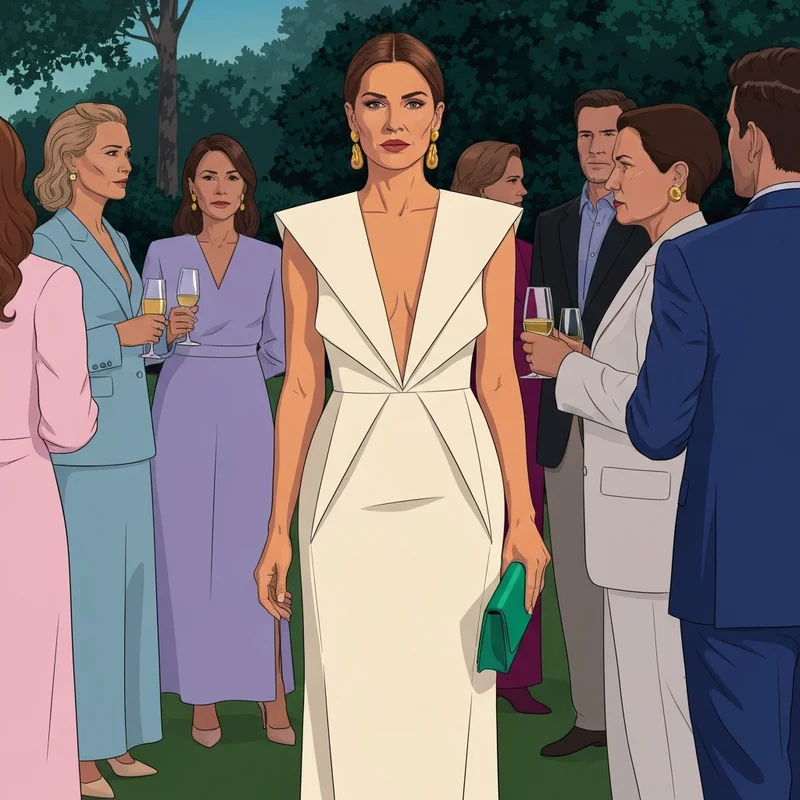 A woman wearing a modern white wedding guest dress with green accessories at an outdoor wedding.