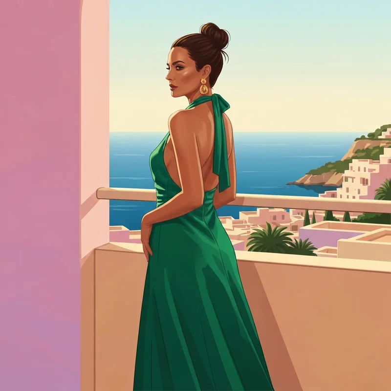 A woman wearing one of the most elegant wedding guest dresses halter neck in emerald satin during a summer celebration.