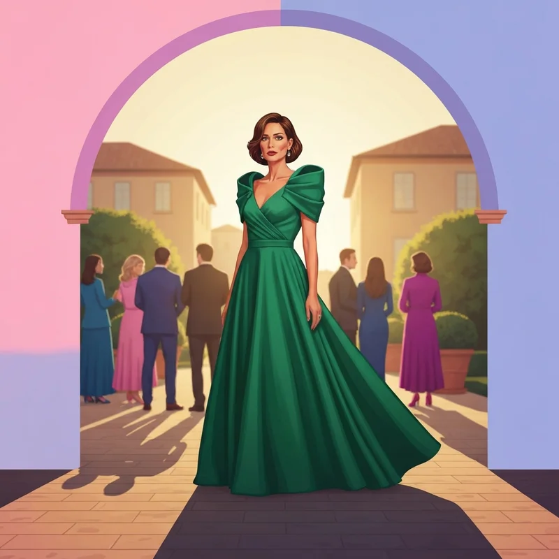 A woman wearing an elegant emerald silk maxi dress wedding guest outfit in a lush garden setting.