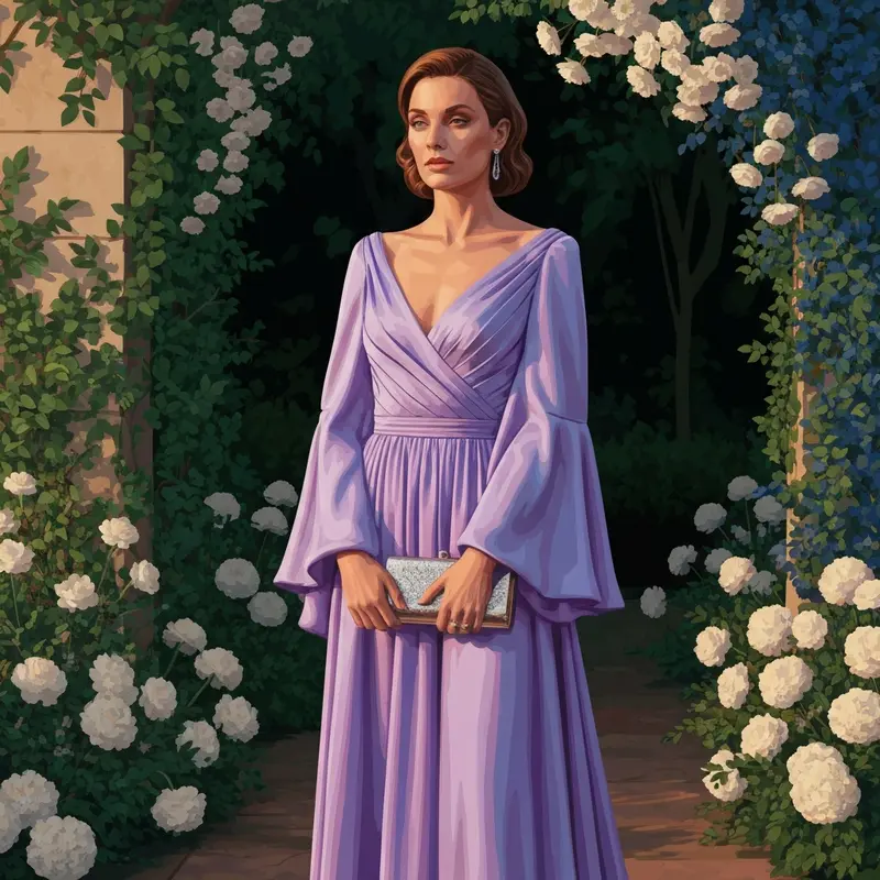 A stylish woman wearing a lavender dress wedding guest outfit at a garden event.