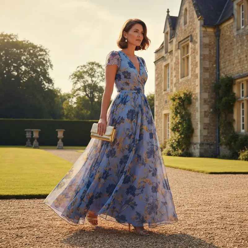 A woman wearing a stunning floral maxi dress for wedding guest elegance in a garden setting.