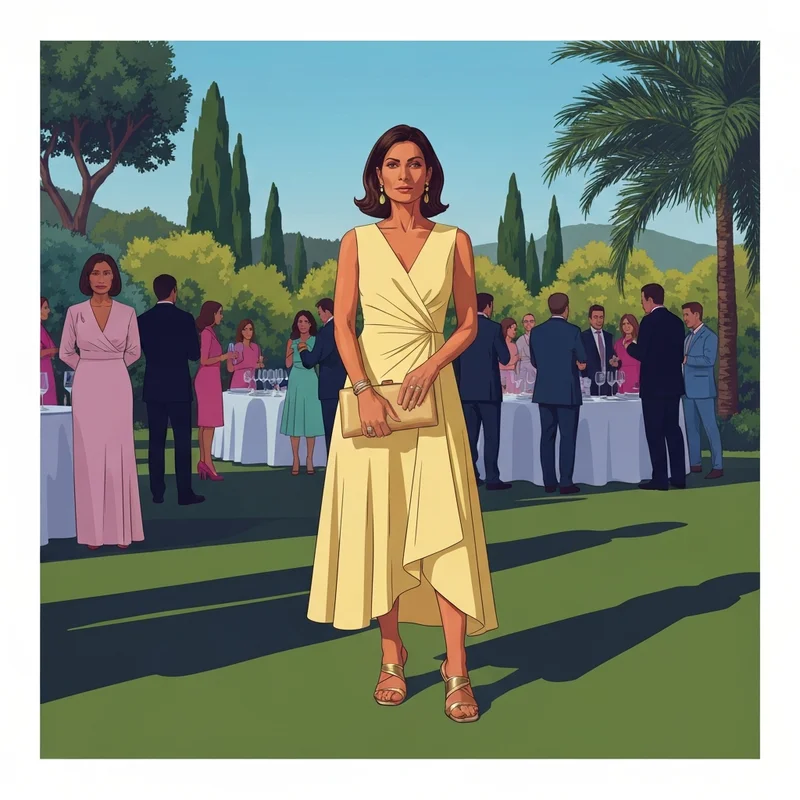 A woman wearing a stylish butter yellow wedding guest dress at an outdoor garden reception.