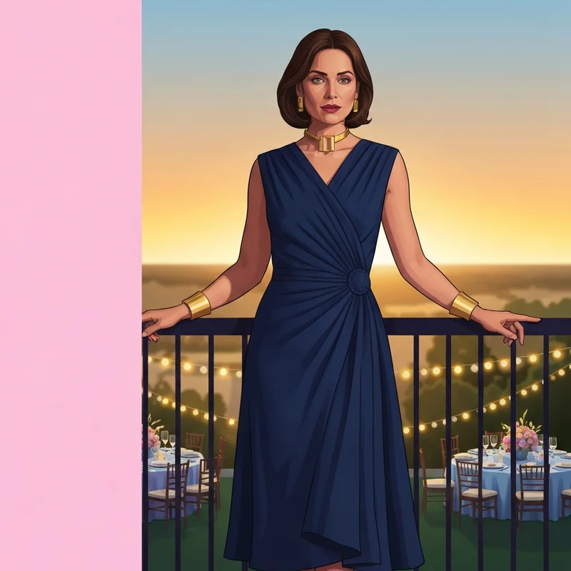 A woman wearing a sophisticated navy wedding guest dress with gold accessories at a formal evening event.