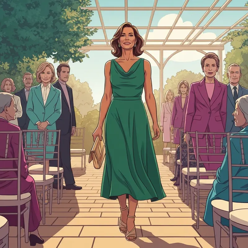 A woman wearing a stylish and cheap dress to wear to a wedding as a guest at a garden ceremony.