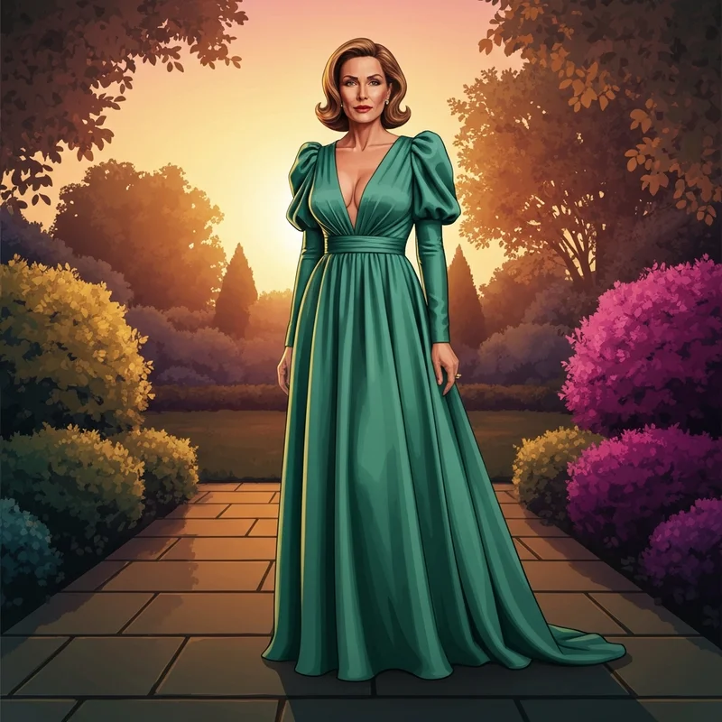 Sophisticated woman wearing one of the best long sleeve wedding guest dresses in emerald silk for a garden wedding.