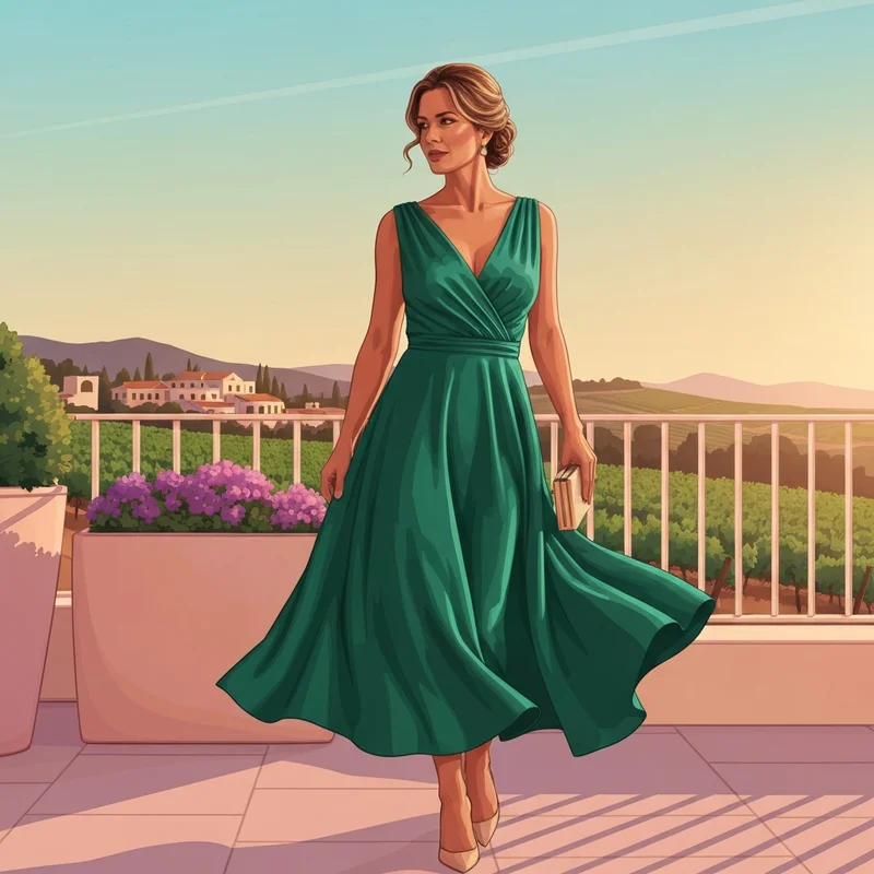 A woman wearing an elegant emerald green wedding guest midi dress at a sunset vineyard ceremony.