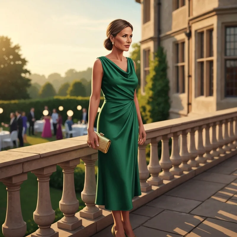 A stylish woman wearing one of the most elegant wedding guest midi dresses at a sunset ceremony.