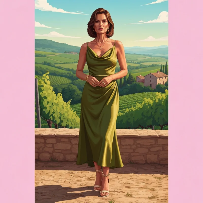 A woman wearing an elegant olive green wedding guest dress in a sunset vineyard setting.