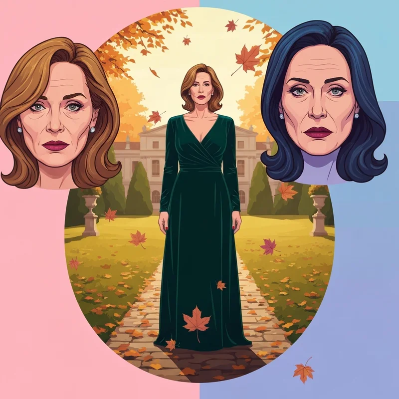 A woman wearing one of the most elegant fall formal wedding guest dresses in emerald velvet standing in an autumn garden.