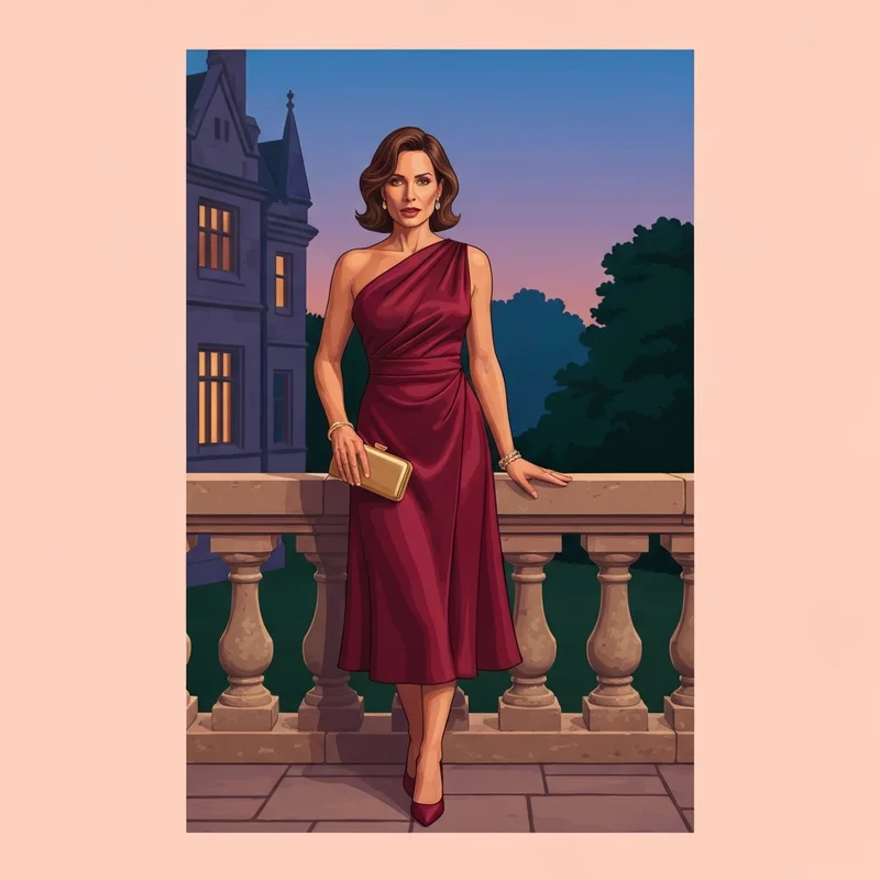 A woman wearing a stylish burgundy dress for wedding guest attendance at a formal evening event.