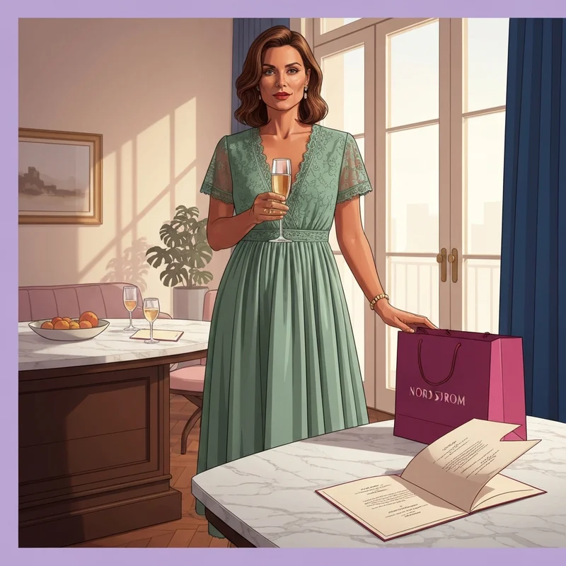 A woman wearing an elegant nordstrom wedding guest dress in a modern apartment setting.