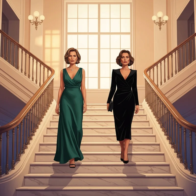 Two women wearing elegant wedding guest dresses black tie in a luxury hotel foyer.