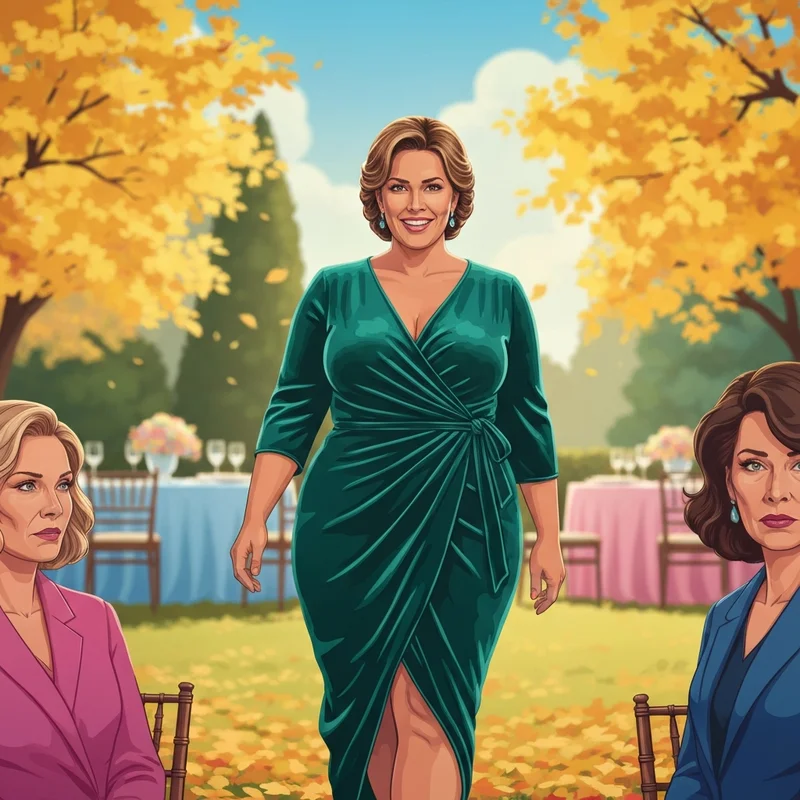 A woman wearing one of the most elegant plus size fall wedding guest dresses in a garden setting.