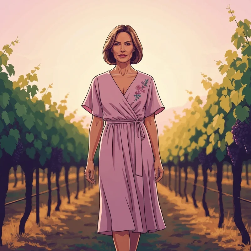 A woman wearing an elegant midi summer wedding guest dress in a golden hour vineyard setting.