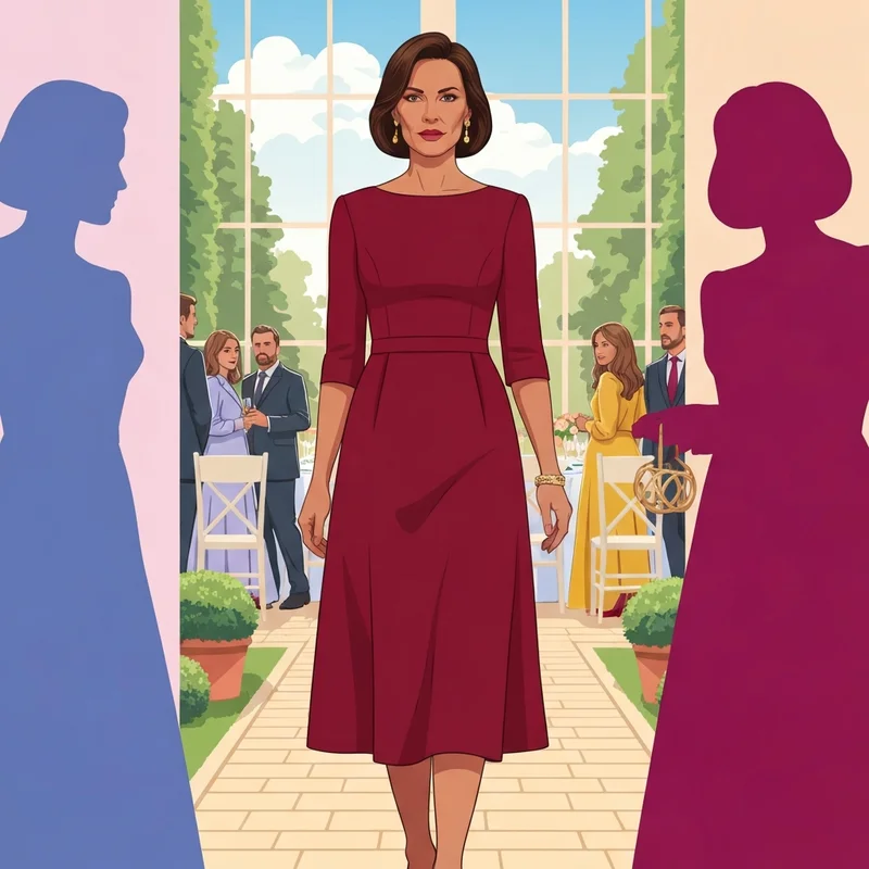 A woman wearing a sophisticated red dress guest wedding style in a sunlit garden setting.