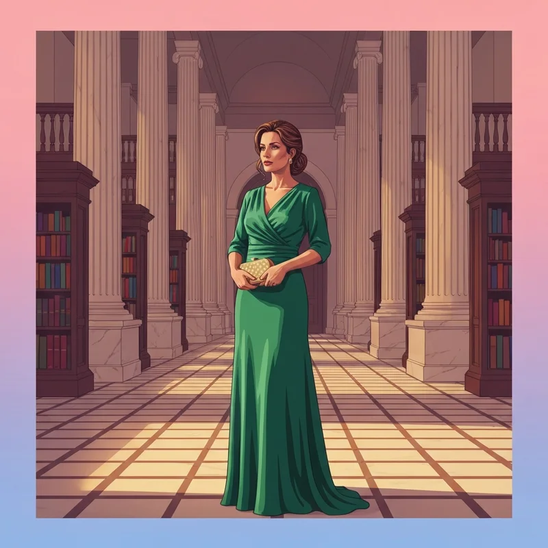 A woman wearing one of the most elegant black tie optional wedding guest dresses in a formal library setting.