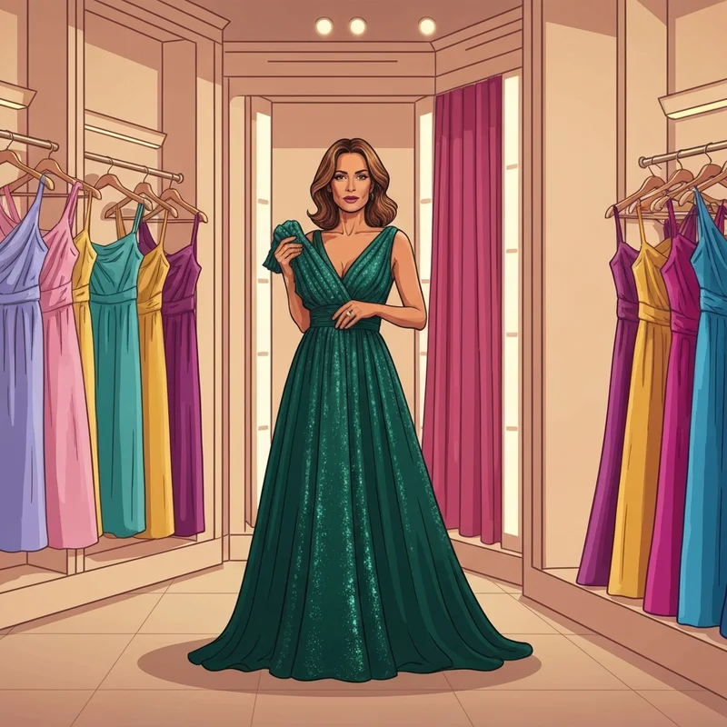 A stylish woman selecting one of the many bloomingdale's wedding guest dresses in a luxury store setting.