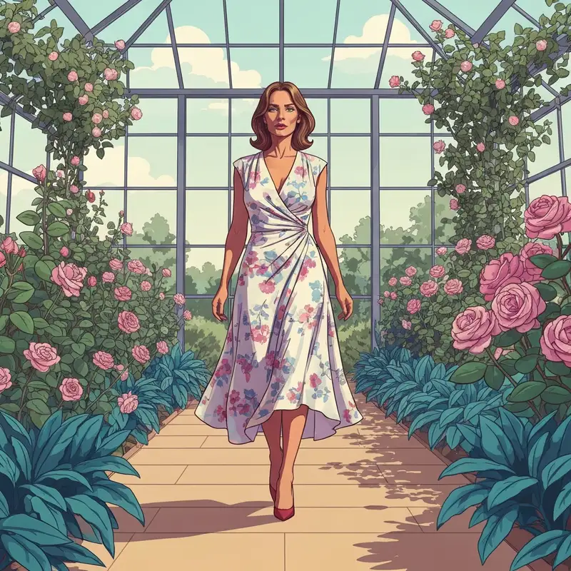 A woman wearing a stylish garden wedding guest dress in a lush outdoor setting.