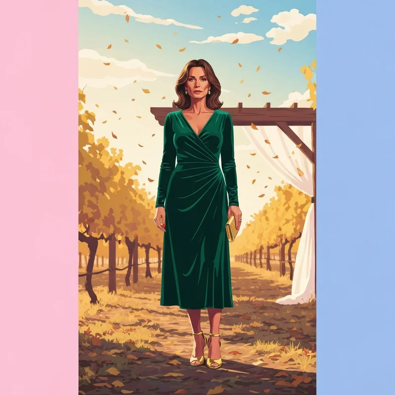 A woman wearing one of the best guest of wedding dresses fall options in emerald velvet at an outdoor autumn vineyard wedding.