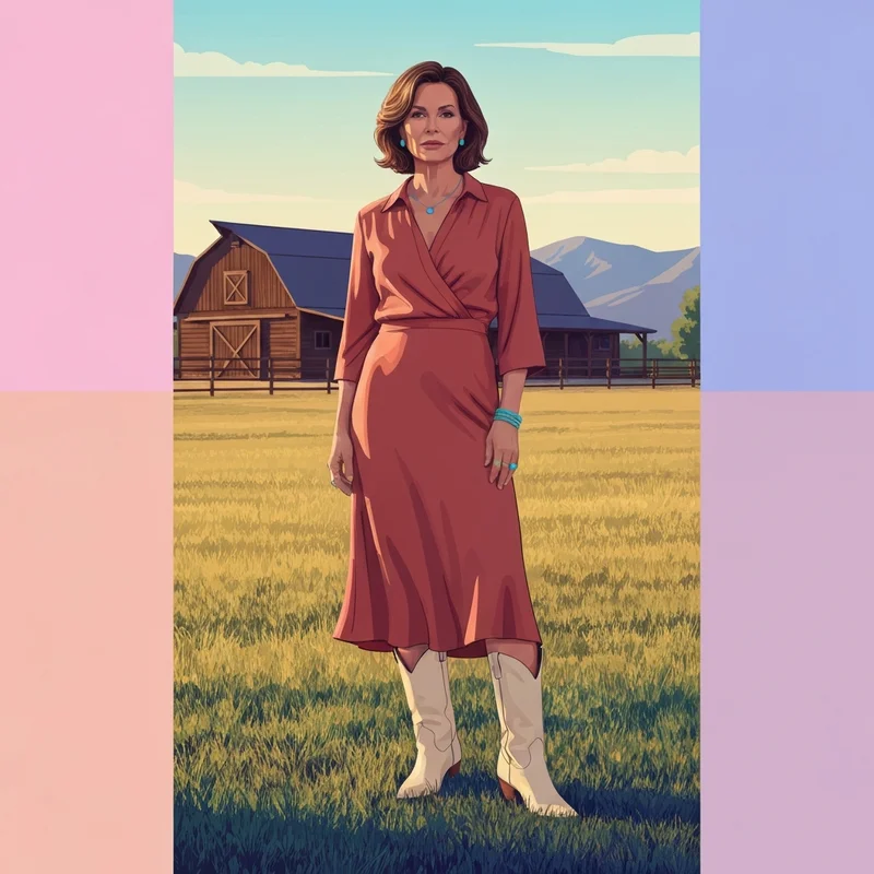 A woman wearing one of the most stylish western wedding guest dresses at a luxury ranch event.