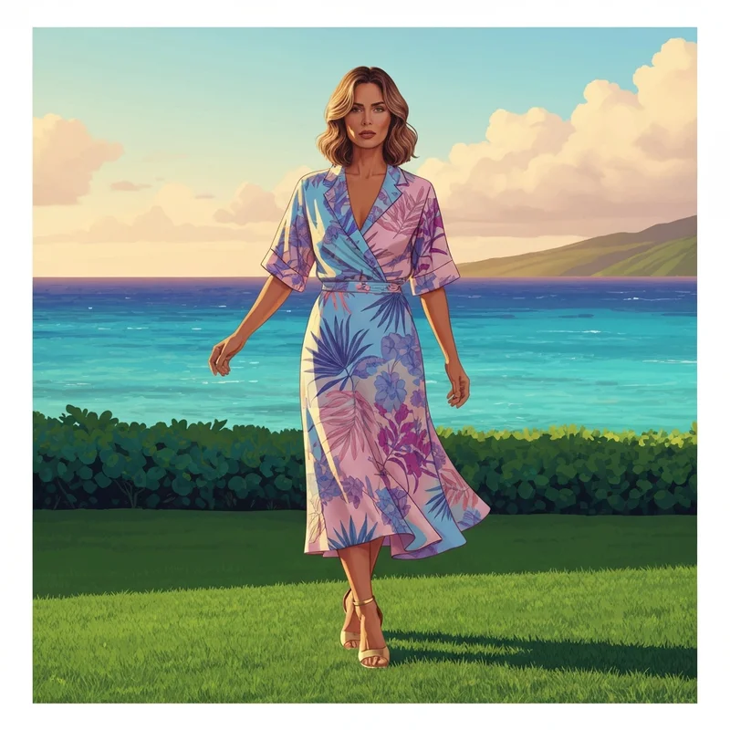 A woman wearing a stylish hawaii wedding guest dress at a luxury seaside ceremony.