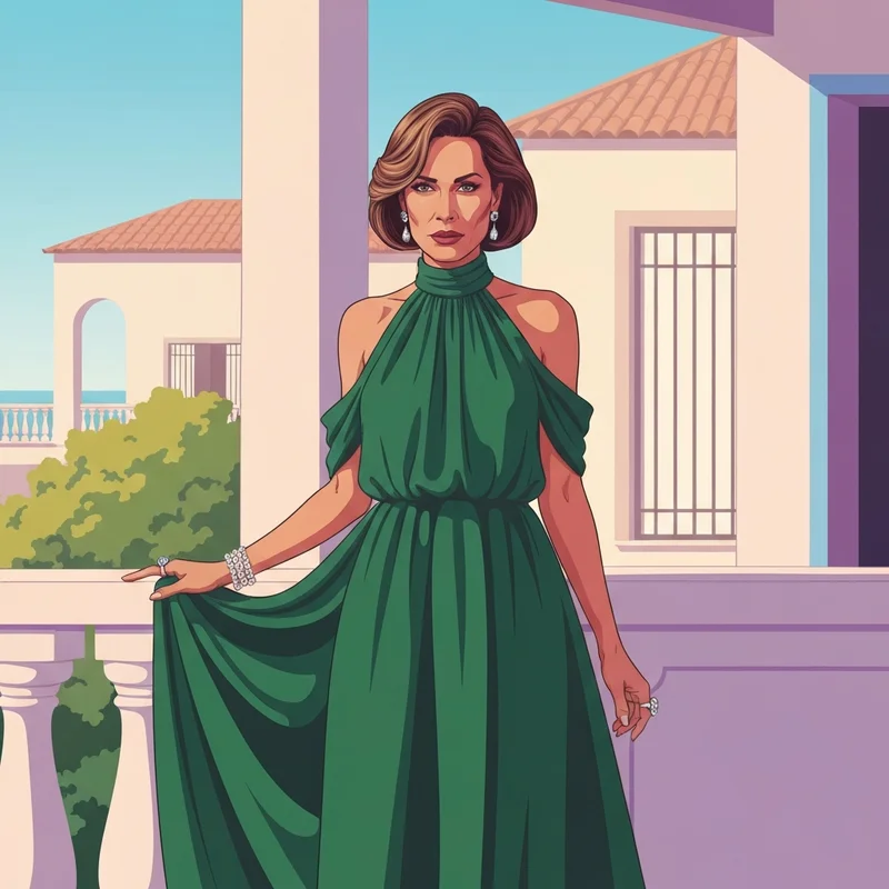 A woman wearing a sophisticated halter dress wedding guest outfit at an elegant Mediterranean villa.