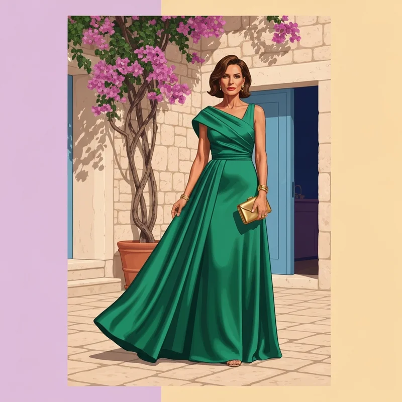 A stylish woman wearing a flowy emerald zara wedding guest dress at a garden ceremony.