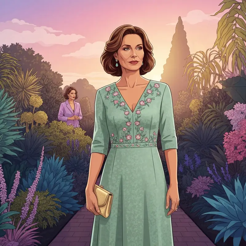 A stylish woman wearing a sage green wedding guest dress at a garden ceremony.