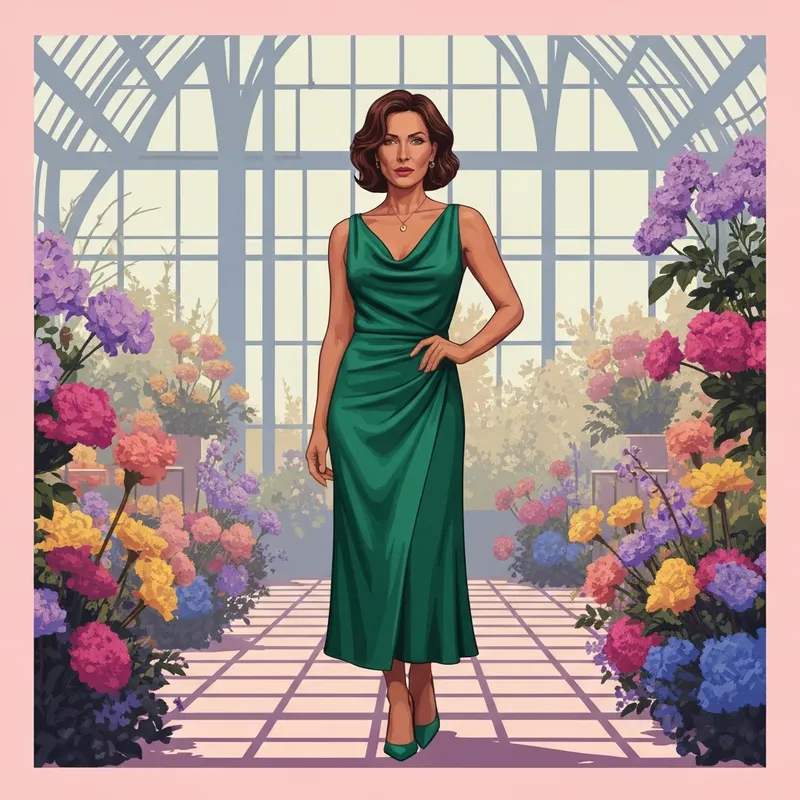 A woman posing in a high-quality emerald green asos wedding guest dress at an outdoor ceremony.