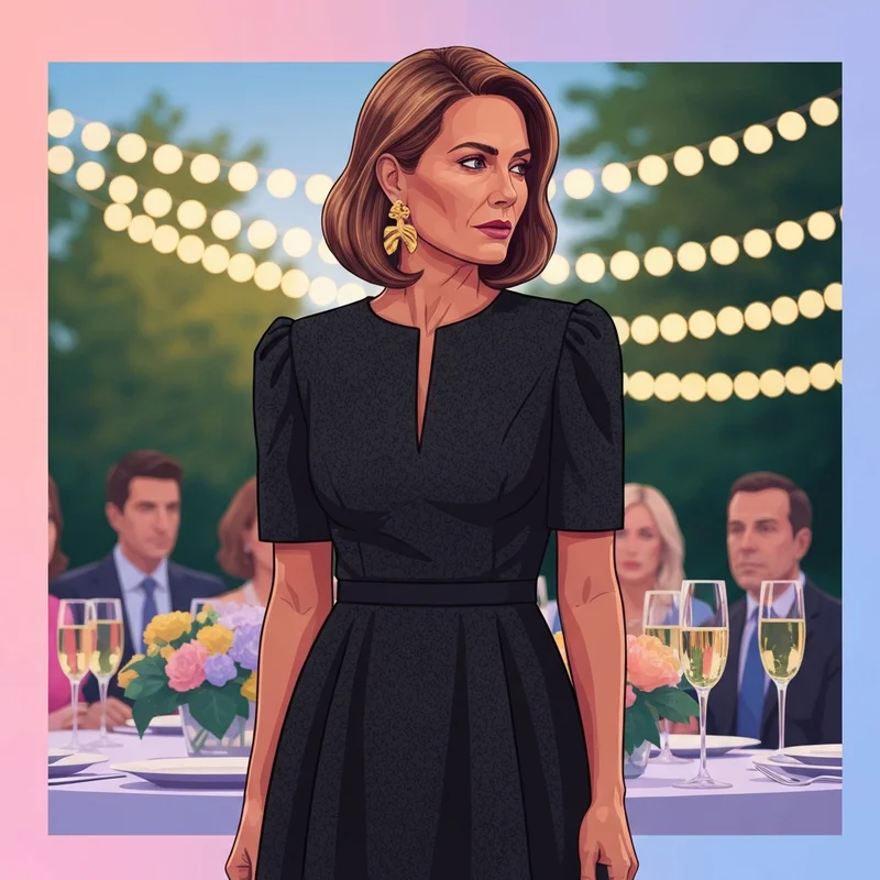 A woman wearing a sophisticated black dress for wedding guests at a sunset ceremony.