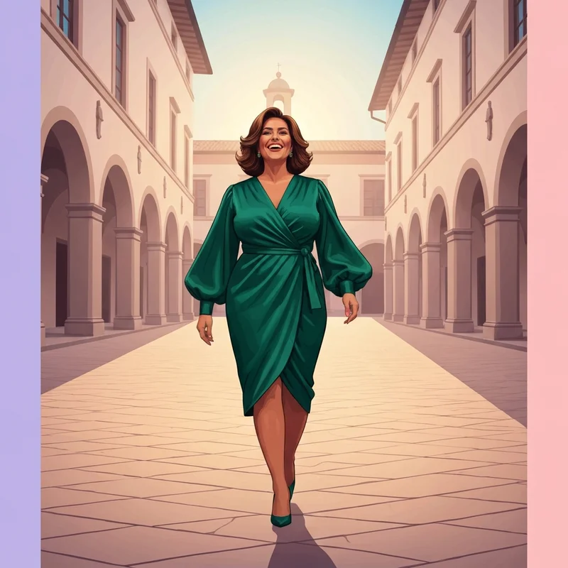 A woman wearing one of the best wedding guest plus size dresses in emerald green satin at a sunlit outdoor event.