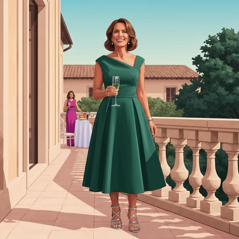 A woman wearing one of the best tea length dresses for wedding guest appearances, looking sophisticated and stylish.