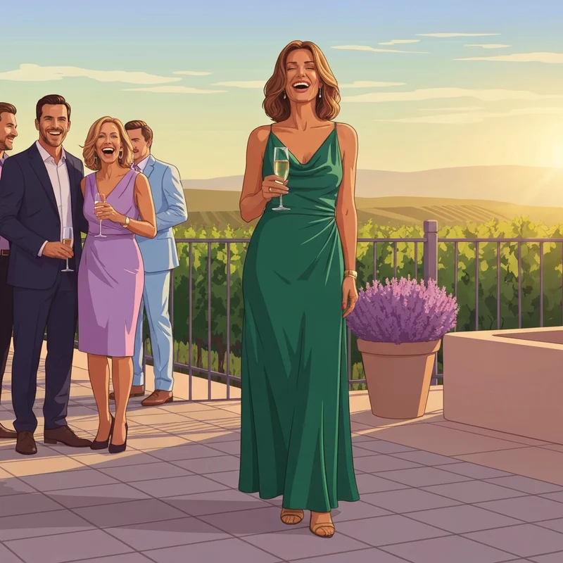 A woman wearing a sophisticated emerald green wedding guest maxi dress at a vineyard wedding celebration.