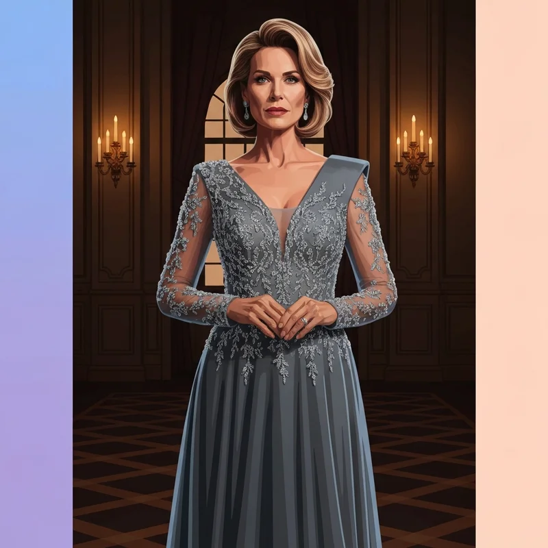 A woman wearing one of the most elegant formal wedding guest dresses with sleeves in a grand ballroom setting.