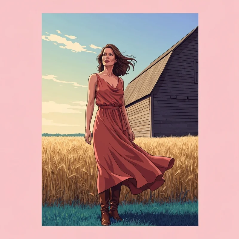 A woman modeling sophisticated country wedding guest dresses at a rustic barn venue during golden hour.