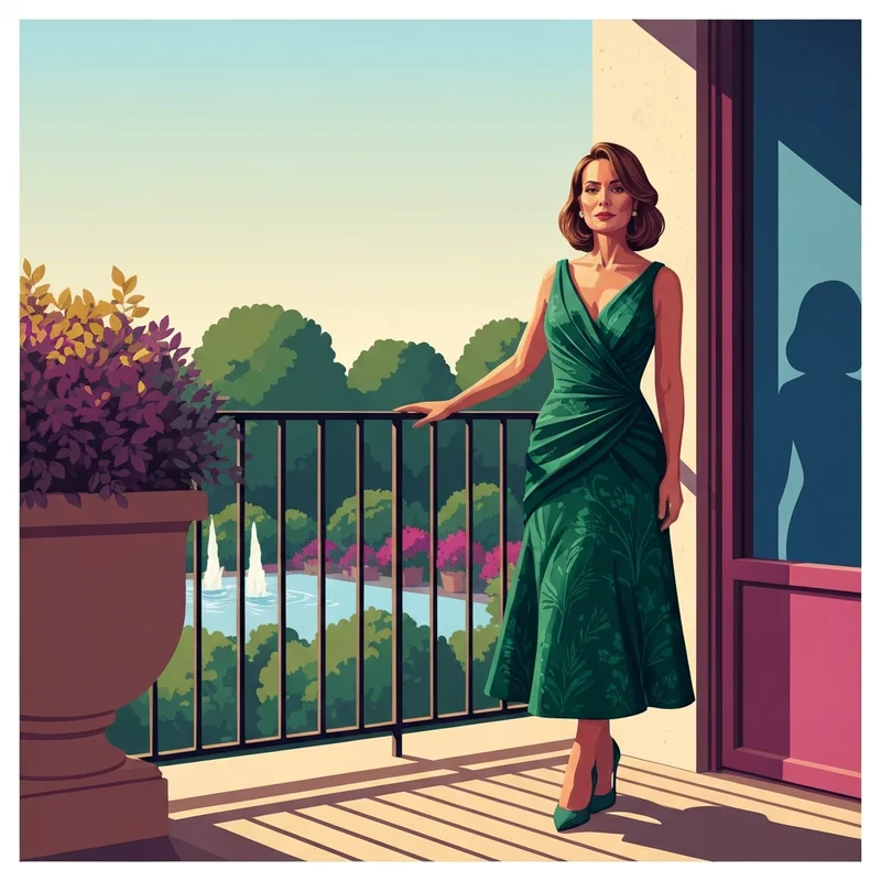 A woman wearing sophisticated wedding guest dresses at a garden event during golden hour.