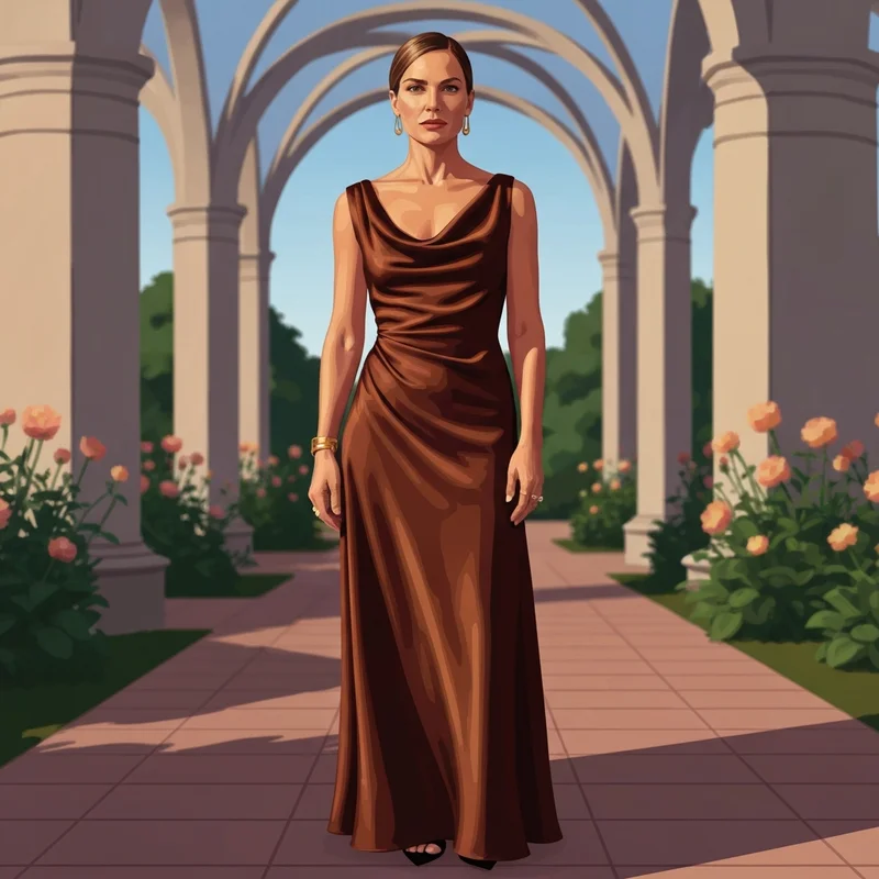 A woman wearing a luxurious chocolate brown wedding guest dress in a golden hour setting.