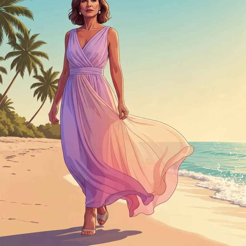 A woman wearing a stunning beach wedding guest dress while walking on a sundrenched tropical shore.