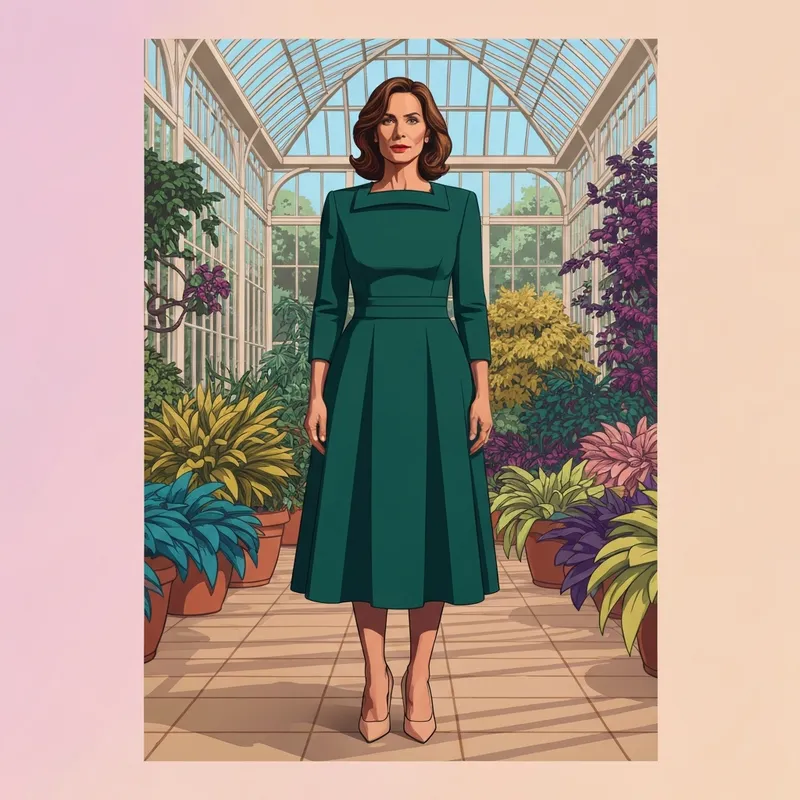 A woman wearing one of the best tea length dresses for wedding guests in a garden setting, showcasing a sophisticated and modern formal look.