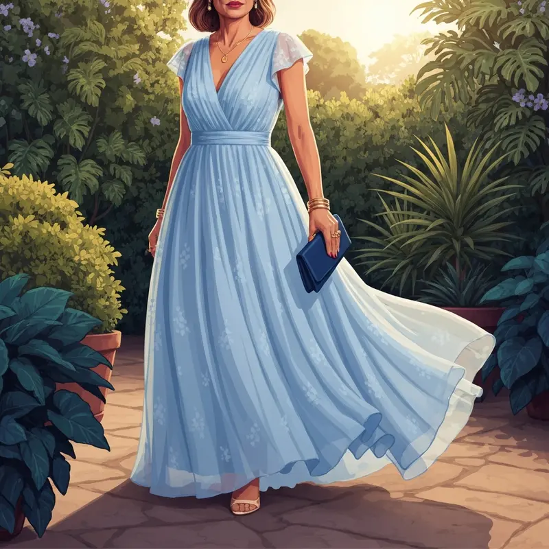 A woman wearing an elegant pale blue wedding guest dress in a sunlit garden setting.