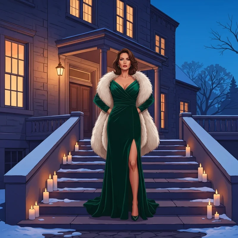 A woman wearing one of the most elegant winter wedding dresses guest options, a green velvet gown, standing outside a snowy manor.
