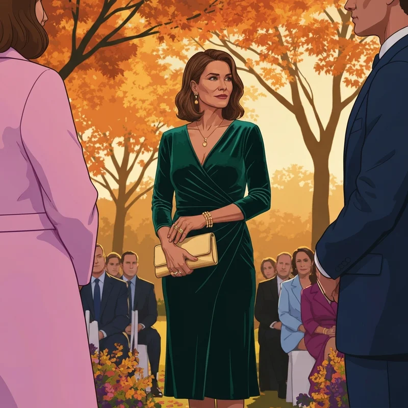 A woman wearing an elegant emerald green velvet fall wedding guest dress at an outdoor autumn ceremony during sunset.