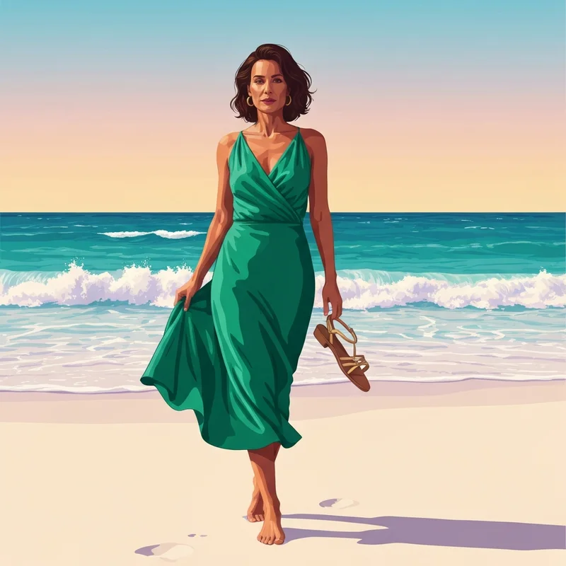 A woman wearing an elegant dress for beach wedding guest success, standing on a tropical shore at sunset.